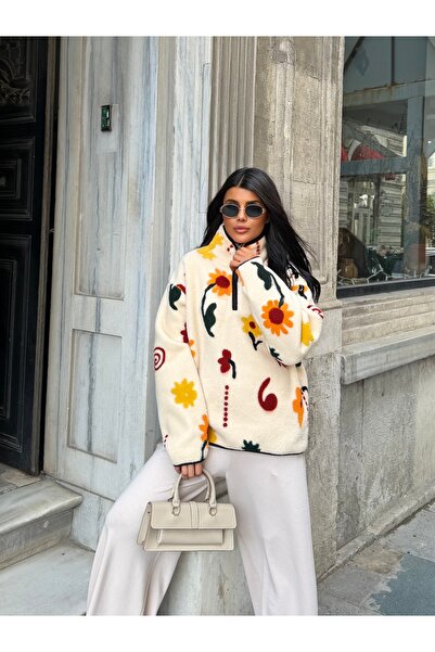 Cistern İstanbul Women's Patterned Zippered Plush Sweatshirt