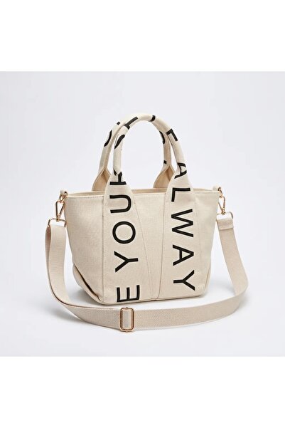 Lisinya Beige Canvas Shoulder Bag with Gold Detailing and Lining - Women's Ha...