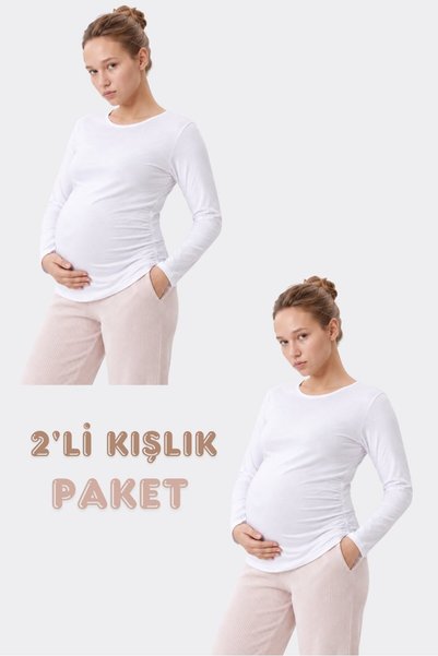 Nastenka Kadın Beyaz Yanı Büzgülü Pamuklu Likralı Uzun Kollu Hamile Tişörtü - 2'li Paket