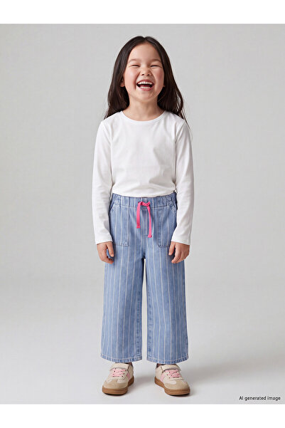 LC Waikiki Lcw Kids Indigo Wideleg Striped Girls' Jean Trousers with Nevavm D...