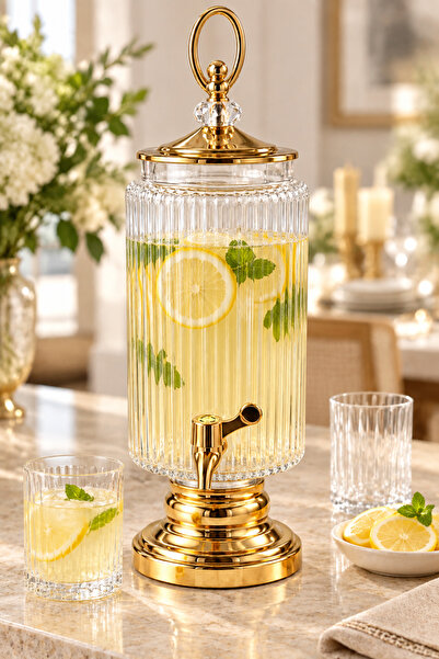 BLN HOME 3,5 L Musluklu Cam İçecek Sebili Standlı Gold Detaylı Limonata Şerbe...