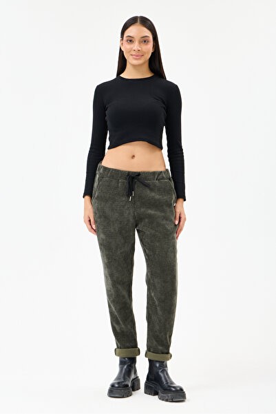 della moor Women's Khaki Italian Waist Lace-Up Lycra Velvet Trousers Size 40 ...