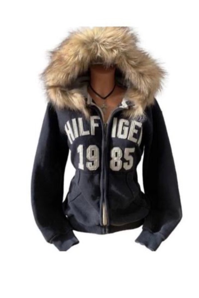 Köstebek Retro Vintage 1985 Cardigan scurt cu glugă, albastru marin, cu detalii din blană