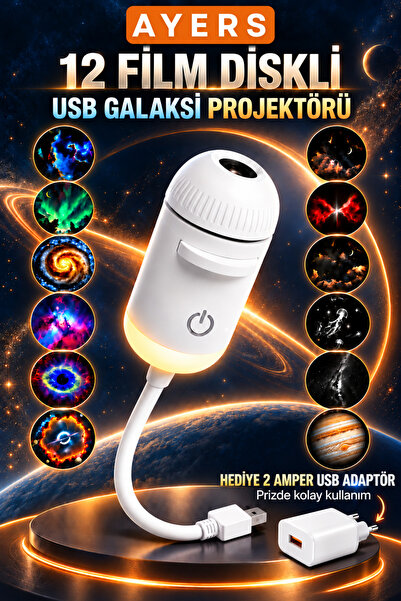 Ayers Premium 12 Film Diskli Galaksi Projektör Gece Lambası, 2’si 1 Arada Yıl...