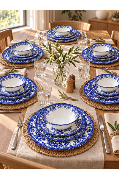 BLN HOME Vintage Garden Mavi 24 Parça 6 Kişilik Porselen Yemek Takımı