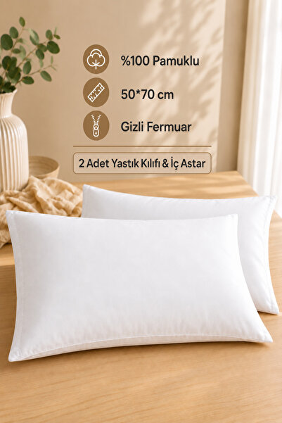 GLOMAR Yastık İç Astarı Yastık Kılıfı %100 Pamuk 2 ADET Gizli Fermuar Uzun Öm...