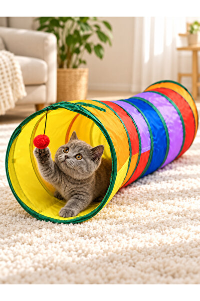 130 cm Kıvrımlı Kedi Oyun Tüneli, Gökkuşağı Renkli Katlanabilir Ponpon Top Oyuncaklı, Ev İçinde Oyun ve Saklanma Alanı Sunan Uzun Kedi Tüneli, Yavru ve Yetişkin Kediler İçin Aktivite Oyuncağı