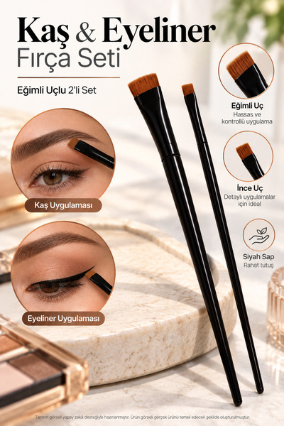 OpenCity 2'li Kaş ve Eyeliner Fırça Seti Eğimli Uçlu Makyaj Fırçası Kaş Şekil...