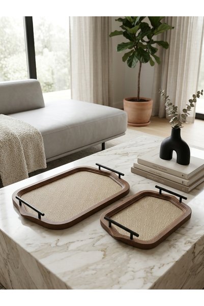 Generic Brand Rectangular Beige Wooden Serving Tray Set with Stylish and Mode...