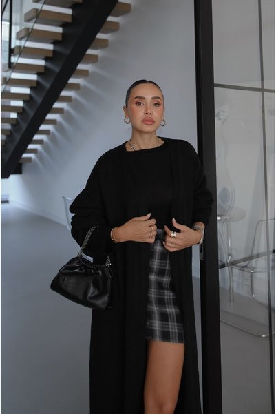 Havoş Black Wool Textured Long Cardigan