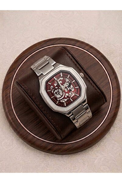 Mazzy Korza Design Silver Claret Red Dial Steel Men's Wristwatch