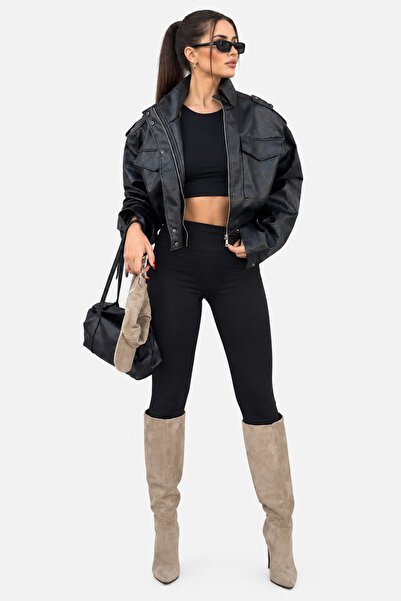 PRİFALDİ TURQUAZ STYLE ZR Oversize Kadın Dik Yaka Cepli Bomber Apolet Yaka Si...