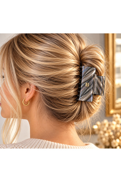 Lilith Takı Black Gray Marble Patterned Hair Clip – Large Hair Clip with Shin...