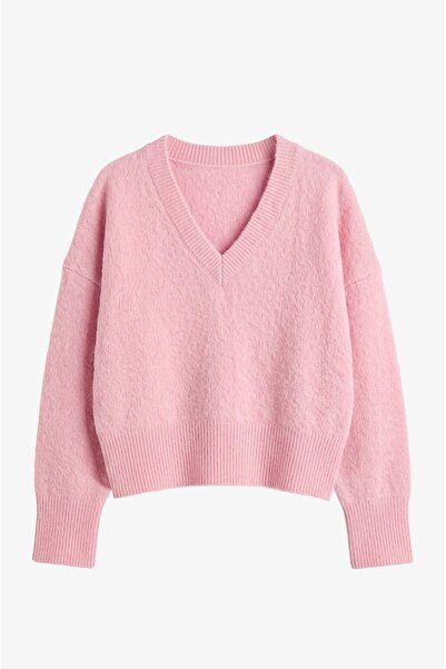 Havoş Pink V-Neck Soft Textured Sweater