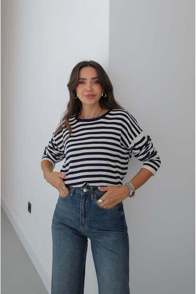 Havoş Navy Blue Fray Striped Knit Sweater
