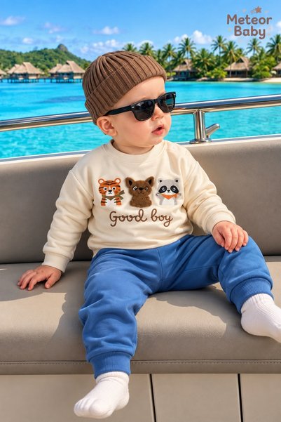 METEOR BABY Baby Set Good Boy Cat Dog Panda Figured Sweatshirt Bottom Top Set...