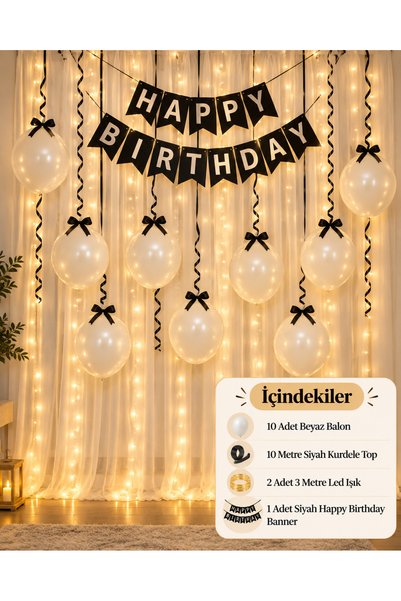 Dizayn Parti Evi Siyah Beyaz Happy Birthday Doğum Günü Süsleme Seti – 10 Beya...