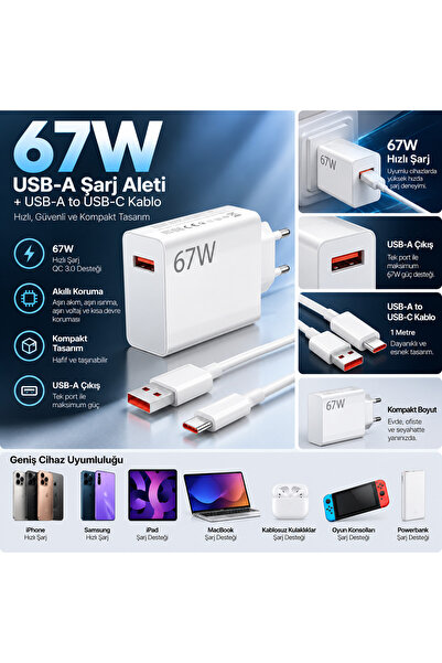 Genel Markalar 67W USB-A Hızlı Şarj Adaptörü + Type-C Kablo 1 Metre | Telefon...