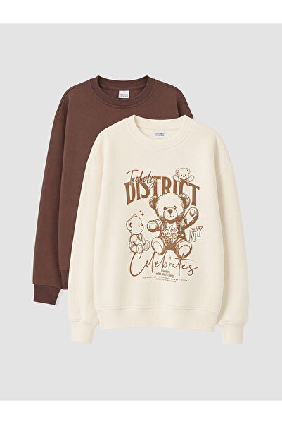 LC Waikiki Alita City Lcw Kids Beige 2-Piece Printed Thick Sweatshirt for Gir...