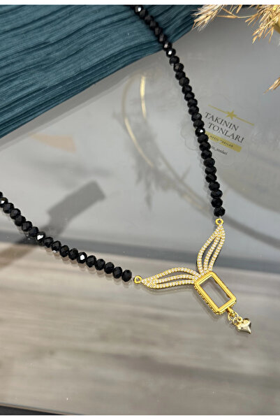 Gram Altınlık Tasarım Siyah Kristal Kolye (60 cm)