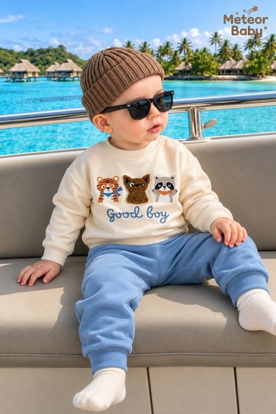METEOR BABY Baby Set Good Boy Cat Dog Panda Figured Sweatshirt Bottom Top Set...