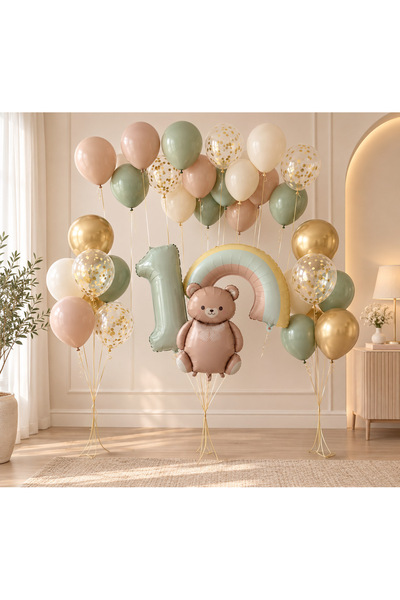 Öztürkpartievi 1 Yaş Doğum Günü Balon Seti | Teddy Bear Ayıcık & Gökkuşağı Fo...