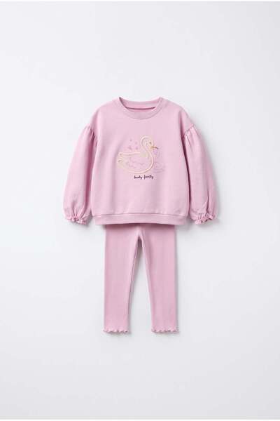 Magu Kız Çocuk Kuğu Nakışlı Pembe Sweatshirt ve Tayt Takımı
