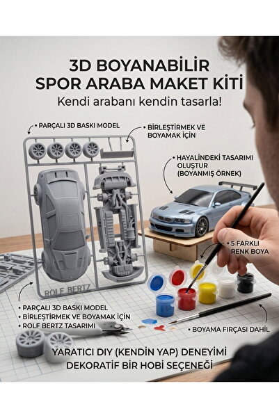 3D Boyanabilir Spor Araba Maket Kiti | Kendin Yap DIY Hobi Seti | Montaj ve Boyama Seti | Hediye