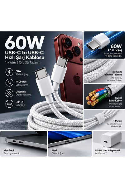 60W Premium Örgülü USB Type-C to Type-C Sarj Kablosu
