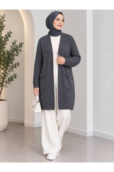 AHENZA COLLECTION kadın uzun örme triko hırka cepli standart beden tesettür u...