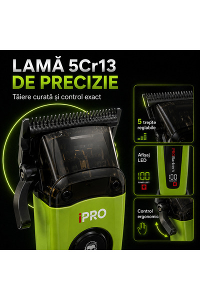 BIRAI Aparat de tuns profesional iPRO Strike, 11.500 RPM, Trimmer pentru păr, barbă și corp, 2000mAh, Durată lungă de viață