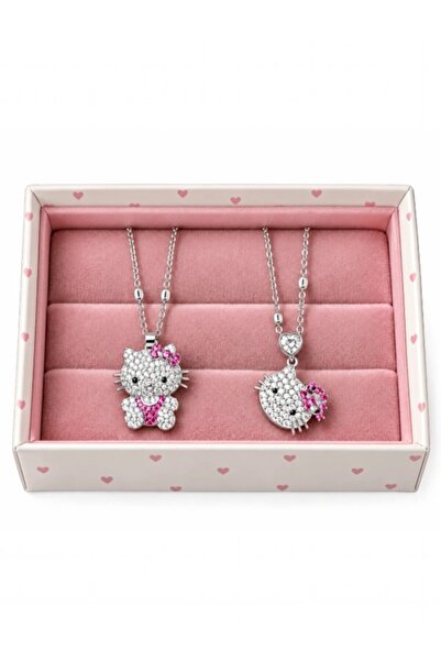 deryora Hello Kty Themed Double Necklace Set with Zircon Stone and Heart Deta...