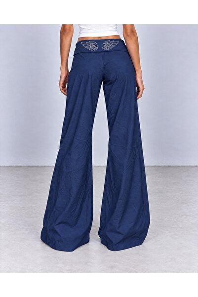 TOP CLOTHE Women's Wide Leg Pants with Pleated Waist and Shiny Wing Detailing