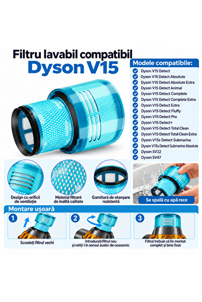 OEM Filtru lavabil compatibil cu aspirator Dyson V15 – SV22, SV47 – Detect, A...