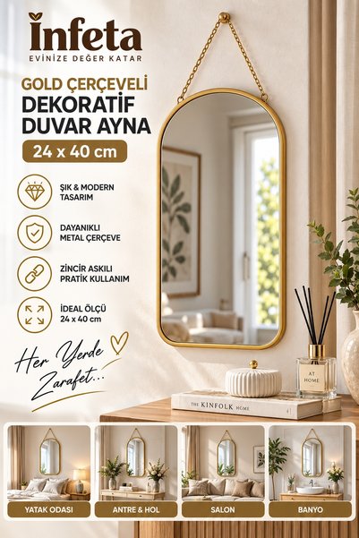 İnfeta Gold Çerçeveli Dekoratif Duvar Aynası 24x40 cm Zincir Askılı Metal Çer...