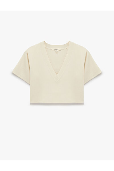 Koton Boxy Fit Kısa Kollu V Yaka Crop Triko Kazak