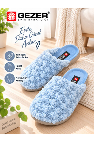 GEZER Kadın Kışlık Ev Terliği Krem Açık Mavi Peluş Dokulu Yumuşak Rahat Taban...