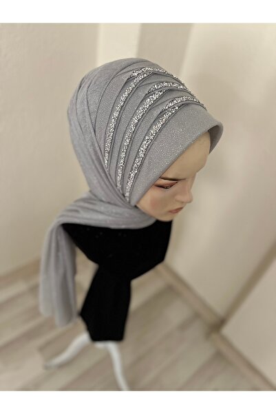 Tuğba kuzey hazırduvak Gümüş gri taşlı eşarp model hazır duvak abiye eşarp
