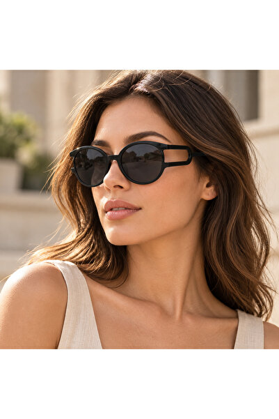 Generic Brand Ochelari de soare unisex rotunzi, ramă neagră cu detalii decupate, lentile fumurii UV400 + suport din piele bonus