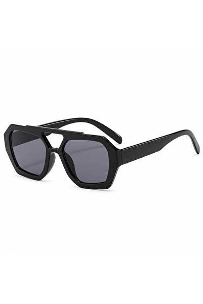 Generic Brand Ochelari de soare unisex geometrici negri, lentile fumurii UV400 + suport din piele bonus