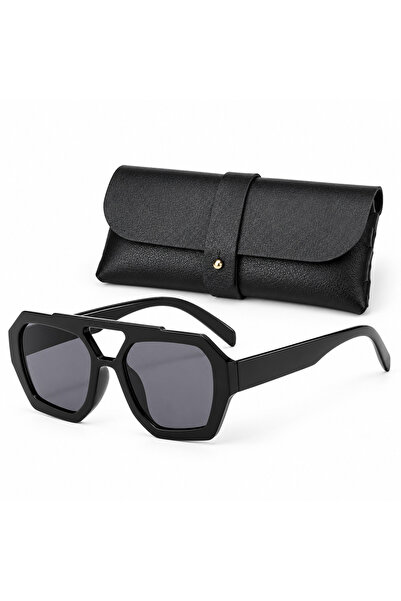 Generic Brand Ochelari de soare unisex geometrici negri, lentile fumurii UV40...