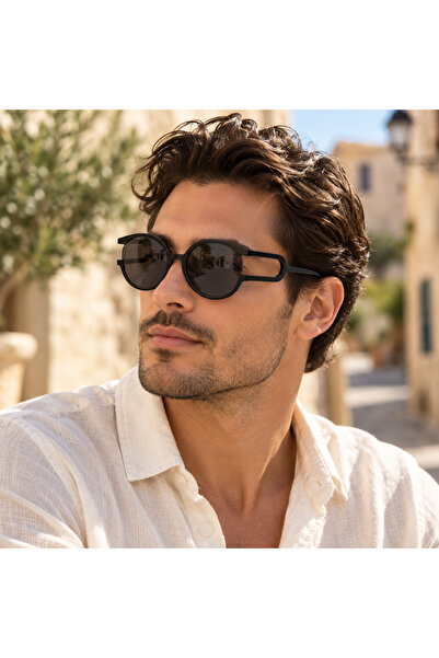 Generic Brand Ochelari de soare unisex rotunzi, ramă neagră cu detalii decupate, lentile fumurii UV400 + suport din piele bonus
