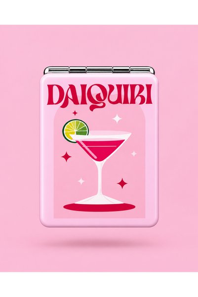 Daiquiri Yazılı Pembe Katlanabilir Mini Cep Makyaj Aynası