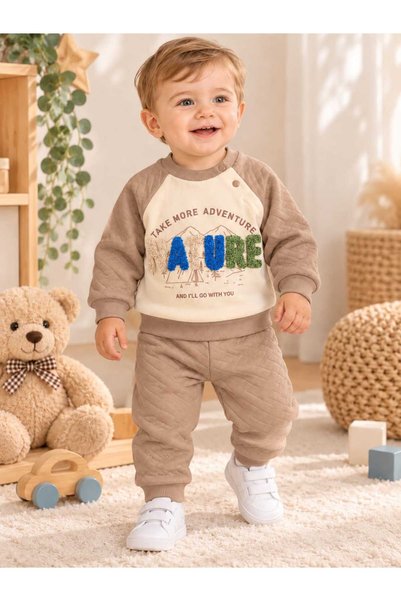 krm kerem bebe Baby Boy 100% Cotton Snap Fasteners on the Shoulder Nature Embossed Embroidery Bottom and Top Quilted Winter 2-Piece Set