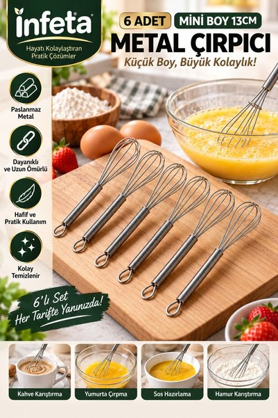 İnfeta 6-Piece Mini Metal Whisk Set 13 cm Stainless Steel Hand Whisk