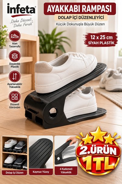 İnfeta 12x25 cm Siyah Plastik Ayakkabı Rampası Ayarlanabilir Dolap İçi Ayakka...