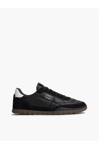 Tommy Hilfiger Erkek Hakiki Deri Karma Dokulu Metalik Logolu Siyah Sneaker