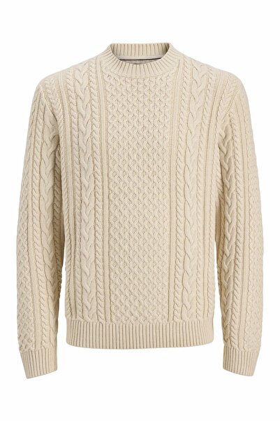 Jack & Jones Men's Beige Jprblucallum Cable Knit Crew Neck Sweater & Cardigan