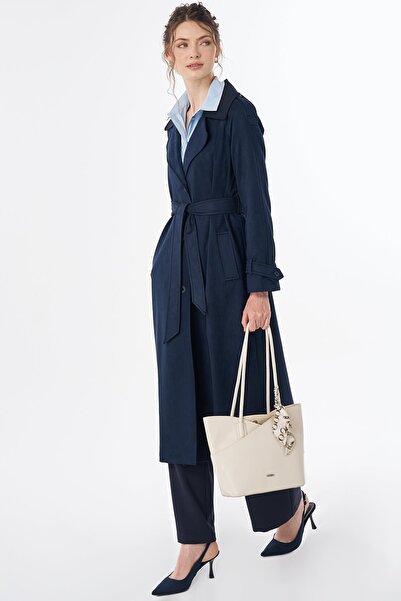 KYR Collar Detailed Suede Trench Coat Navy Blue