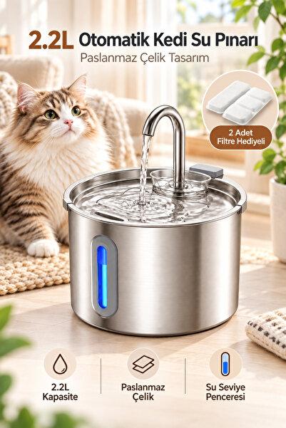 MAVLET 2.2L Otomatik Kedi ve Köpek Su Pınarı Paslanmaz Çelik Sessiz Çıkarılab...